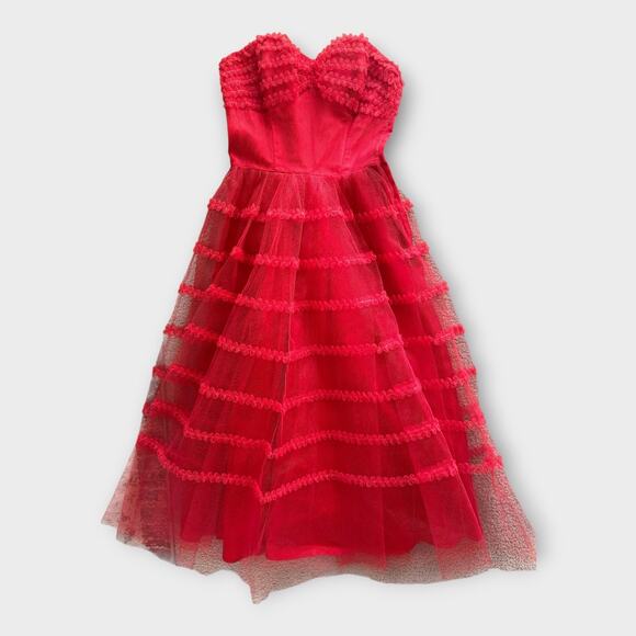 Vintage 50s Strapless Red Ruffled Tulle Fit n' Flair Prom Party Dress XS Cupcake - Picture 1 of 15
